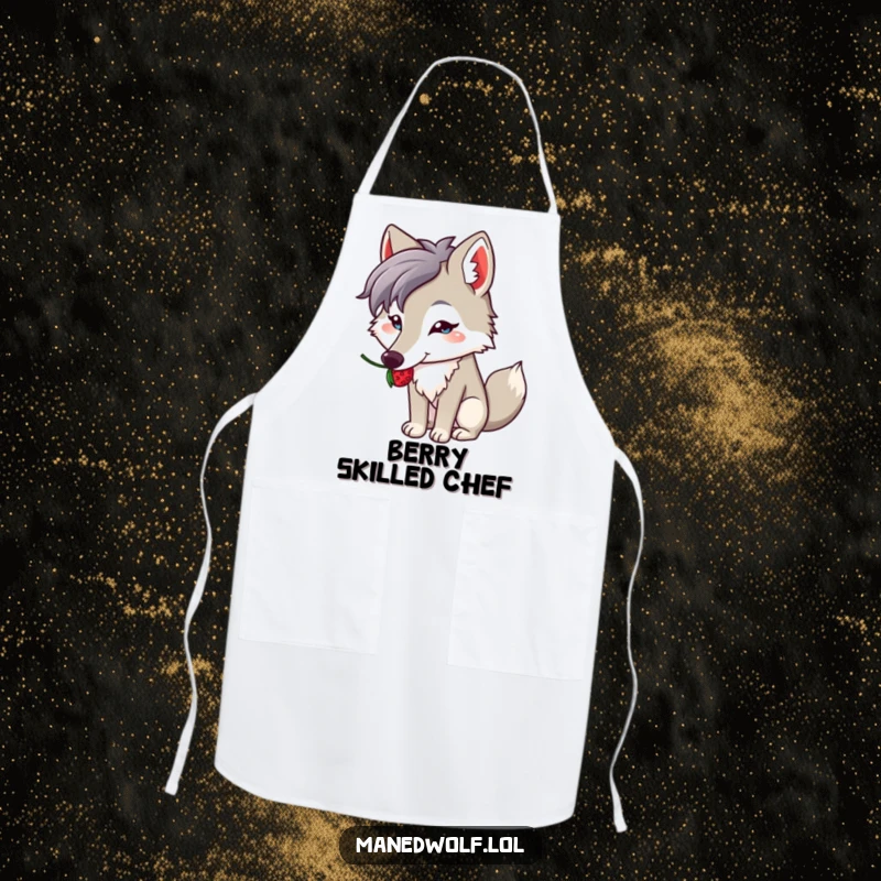 Funny apron with a kawaii maned wolf balancing a berry on its snout, bringing humor and cute charm to cooking.