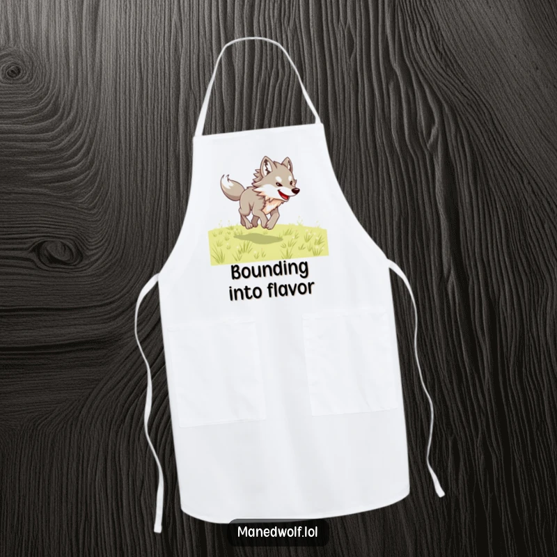 Funny maned wolf apron showing a wolf joyfully bounding across an open field while cooking.