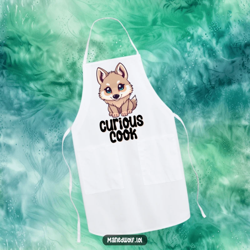 Funny Maned Wolf Apron: Character looking up with curious eyes, perfect for kitchen wear, adding humor and innocence.