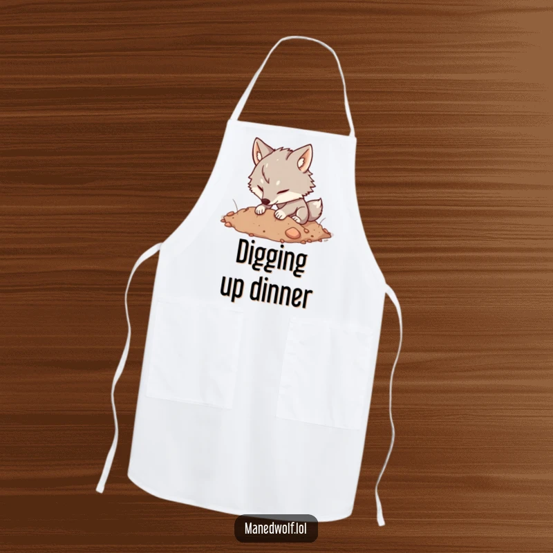 Funny Kawaii Maned Wolf Apron showing a cute wolf happily digging in soft earth, perfect for garden fun, a funny gift.