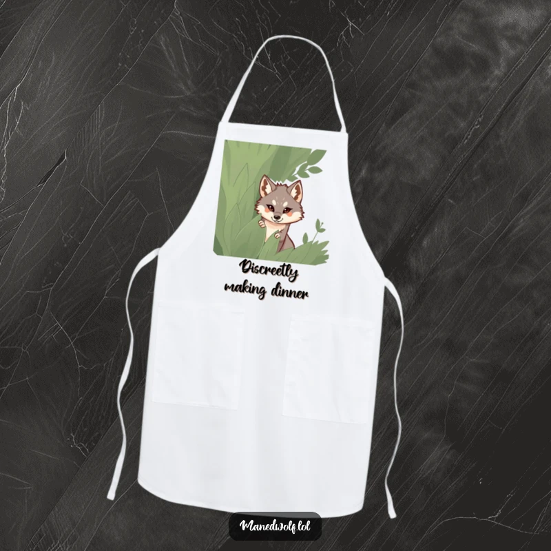 Funny apron featuring a maned wolf peeking out from behind a bush, perhaps guarding a secret recipe.