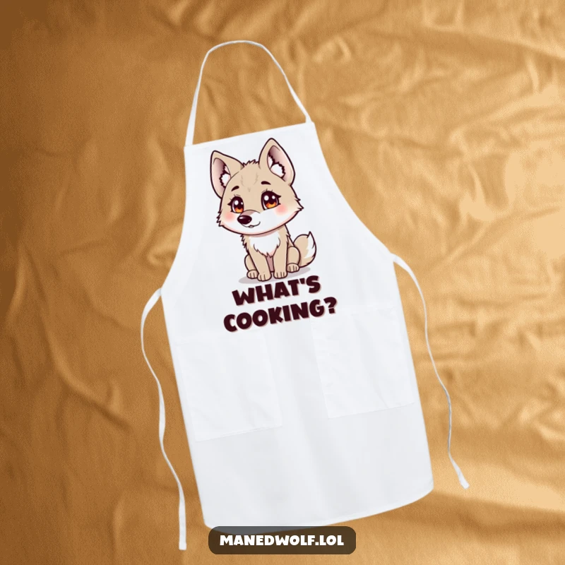 Funny maned wolf apron showing a curious maned wolf with fluffy ears tilting its head.