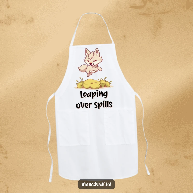 Funny apron print: a kawaii maned wolf playfully leaping over a small bush, perfect for kitchen fun.
