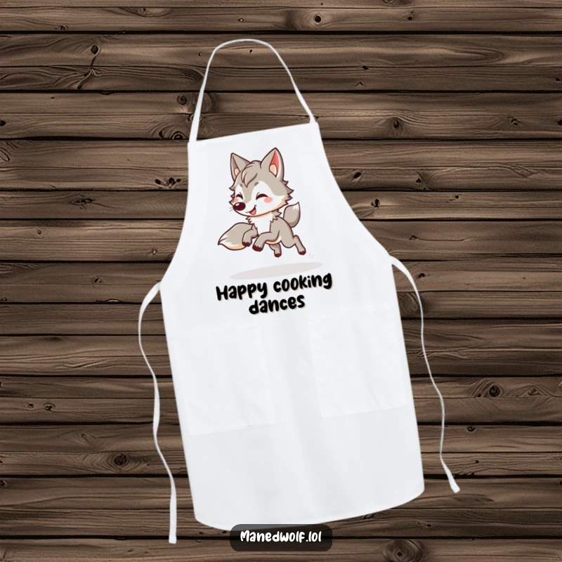 Funny kawaii maned wolf apron showing a cute wolf doing a happy, bouncy trot, perfect for adding joyful humor to cooking.