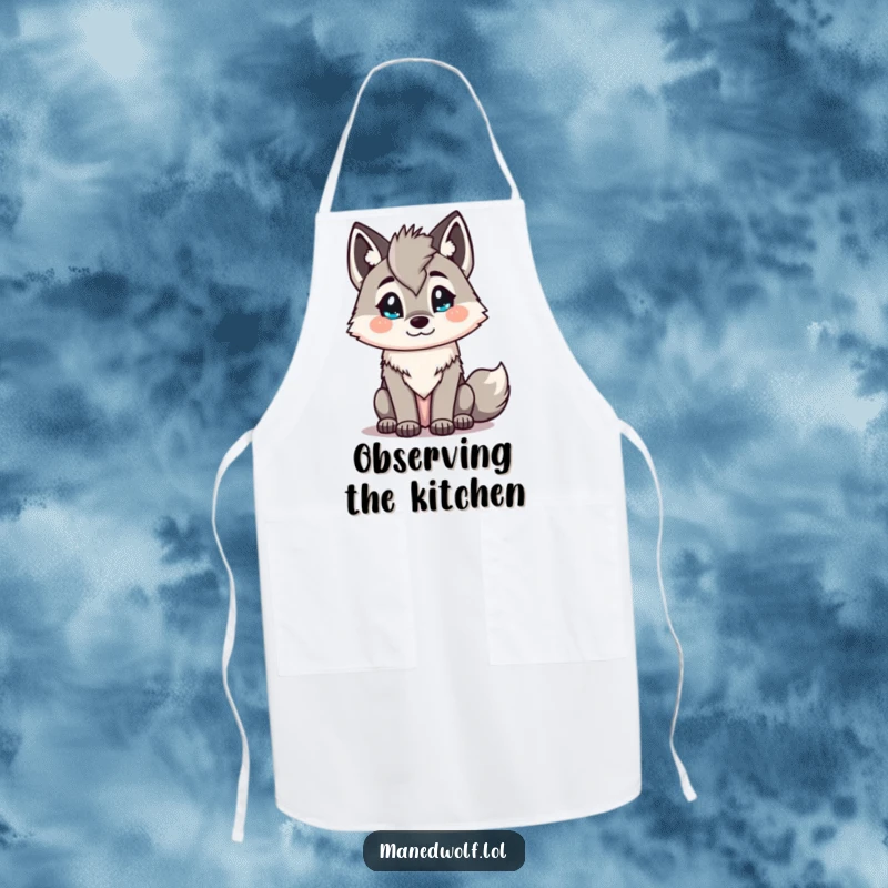 Funny Kawaii maned wolf apron featuring an inquisitive head tilt, adding humor and charm to culinary activities.