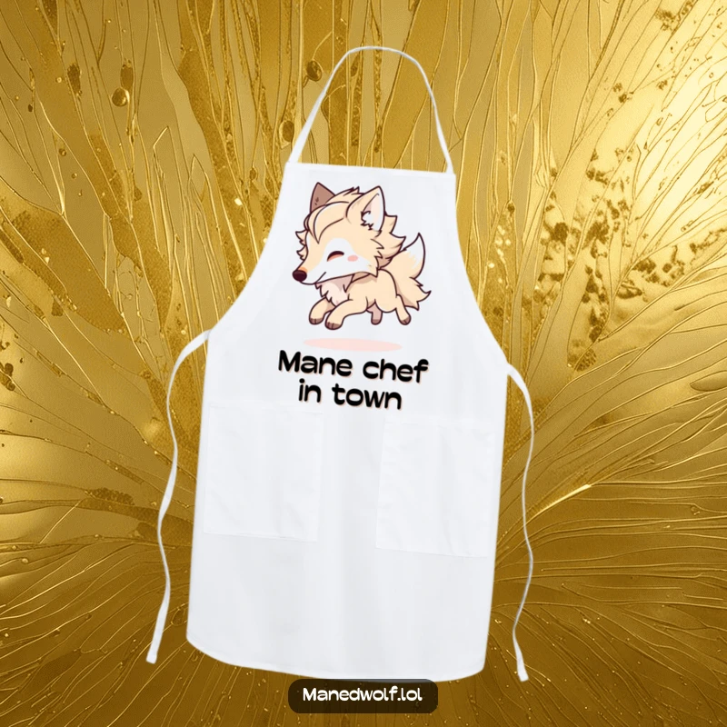 Funny Kawaii Maned Wolf Apron featuring a fluffy-maned wolf bounding playfully, adding a touch of fun to your time in the kitchen.