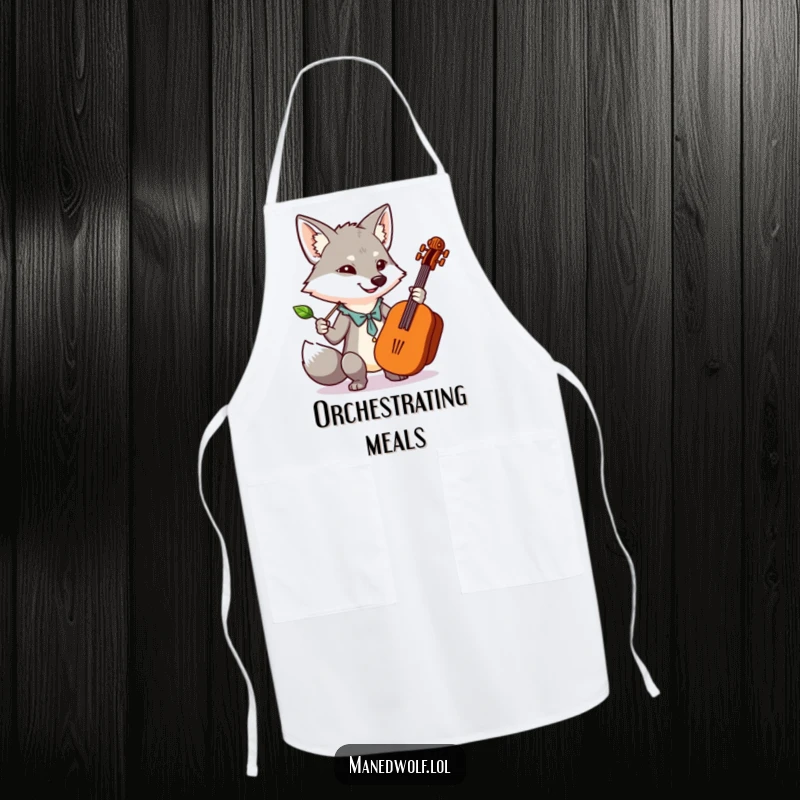 Funny apron with a kawaii maned wolf conducting an orchestra using a leaf, ideal for musical chefs.