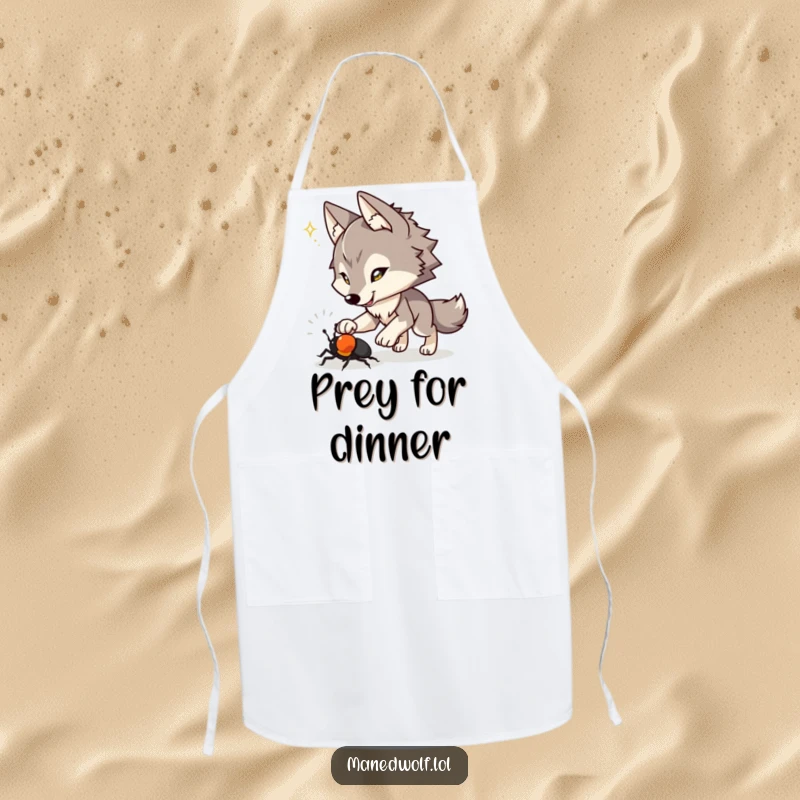 Funny apron showing a maned wolf with a playful spark chasing a beetle, adding humorous action to culinary tasks.
