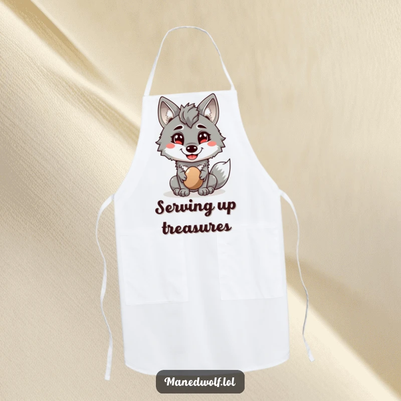 Funny apron with a maned wolf smiling and offering a shiny pebble, bringing humor and a friendly touch to cooking.