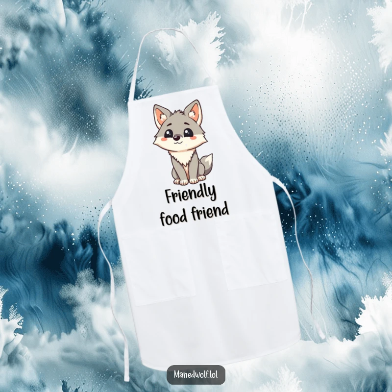 Funny Kawaii Maned Wolf Apron: Kitchen wear featuring a friendly wolf greeting, adding a humorous and welcoming element to cooking.