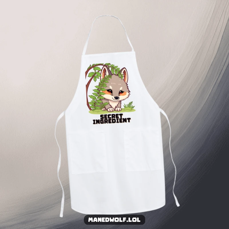 Funny apron featuring a chubby maned wolf curiously peeking from under a fern, adding a humorous twist to kitchen duties.