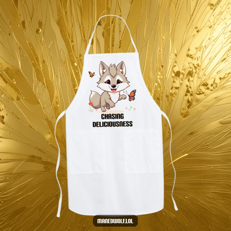 Funny maned wolf apron showing a wolf with a big grin, joyfully chasing a butterfly while cooking.