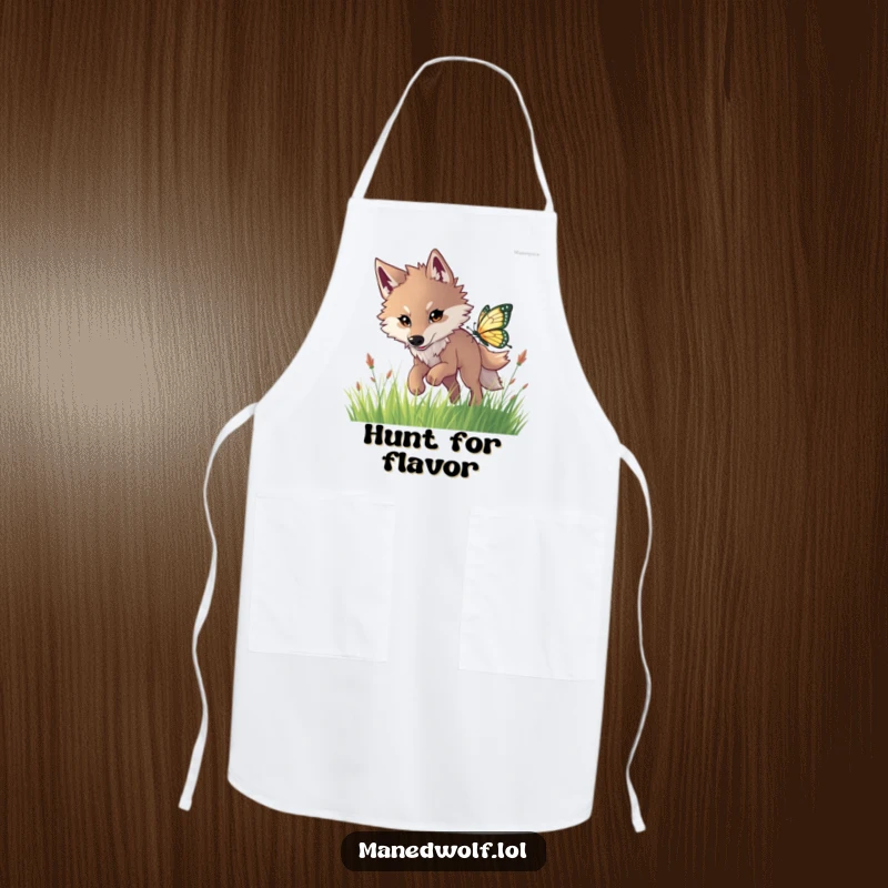 Funny maned wolf apron illustrating an eager wolf chasing a shimmering butterfly, perfect for kitchen fun.