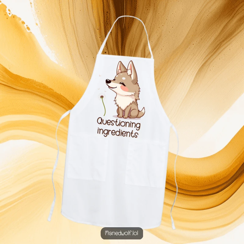 Funny maned wolf apron depicting a wolf tilting its head quizzically at a dandelion seed.