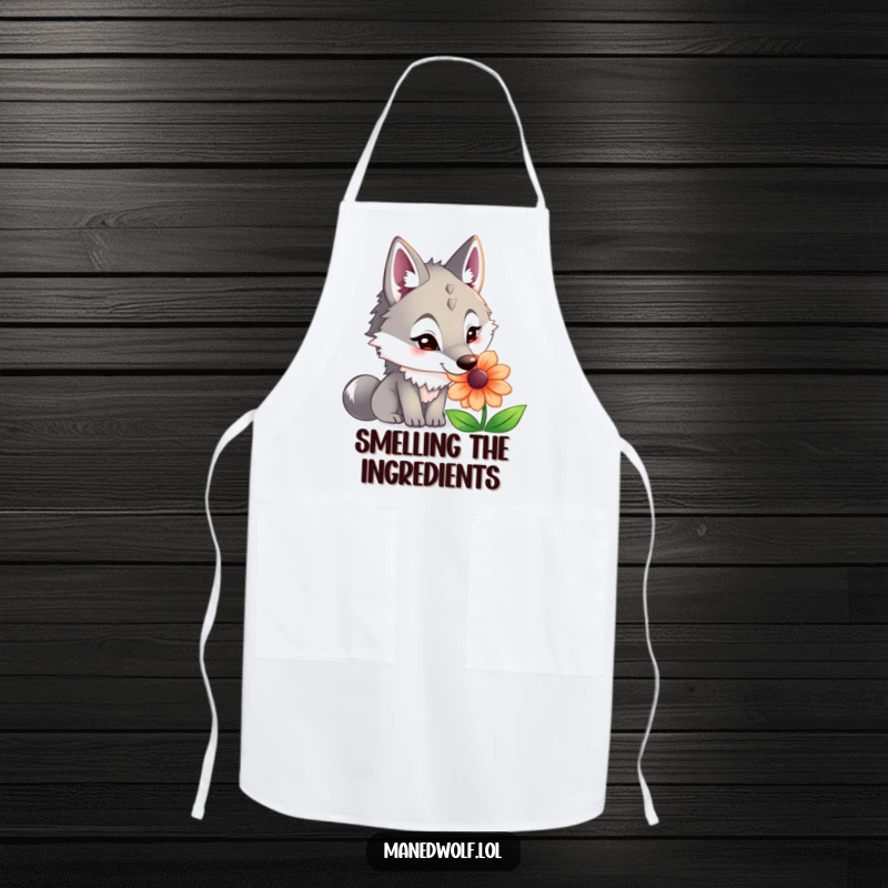 Funny maned wolf apron illustrating a curious wolf investigating a vibrant flower, perfect for kitchen use.