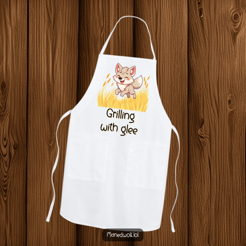 Funny maned wolf apron depicting a joyful wolf bounding through tall golden grass with a smile.
