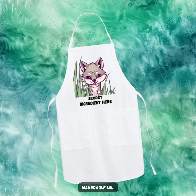 Funny maned wolf apron with a wolf peeking from grass, adding a playful and humorous element to kitchen activities.