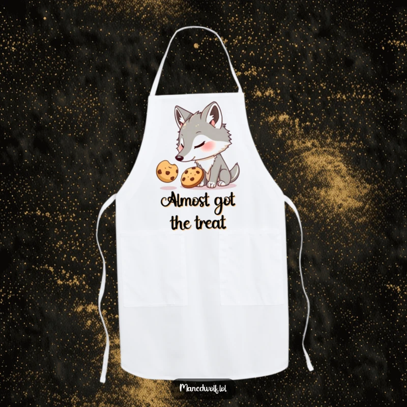 Funny Maned Wolf Apron: Chef maned wolf humorously reaching for a cookie, a funny kitchen accessory for baking fun.