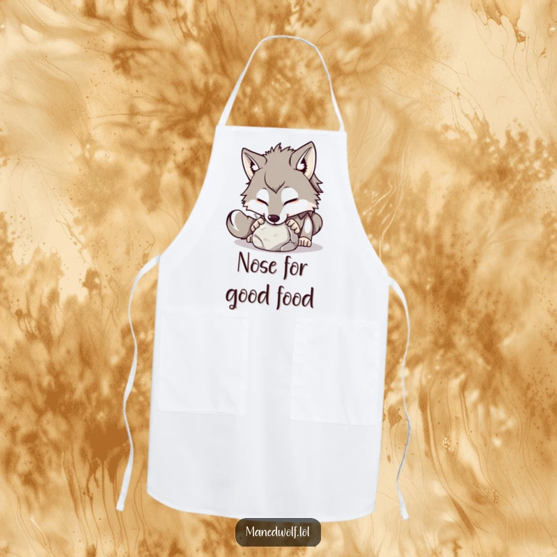Funny maned wolf apron illustrating a playful wolf nudging a small, round stone with its nose, for kitchen use.