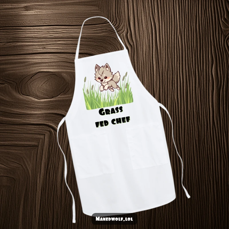 Funny Kawaii Maned Wolf Apron: A cute maned wolf leaping playfully through tall grass, adding humor to cooking and baking.