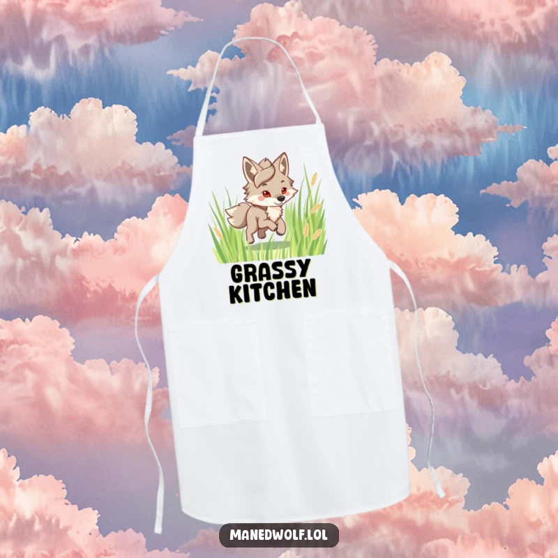 Funny Maned Wolf Apron: Character happily trotting through grass, perfect for kitchen wear, adding humor and adventure.