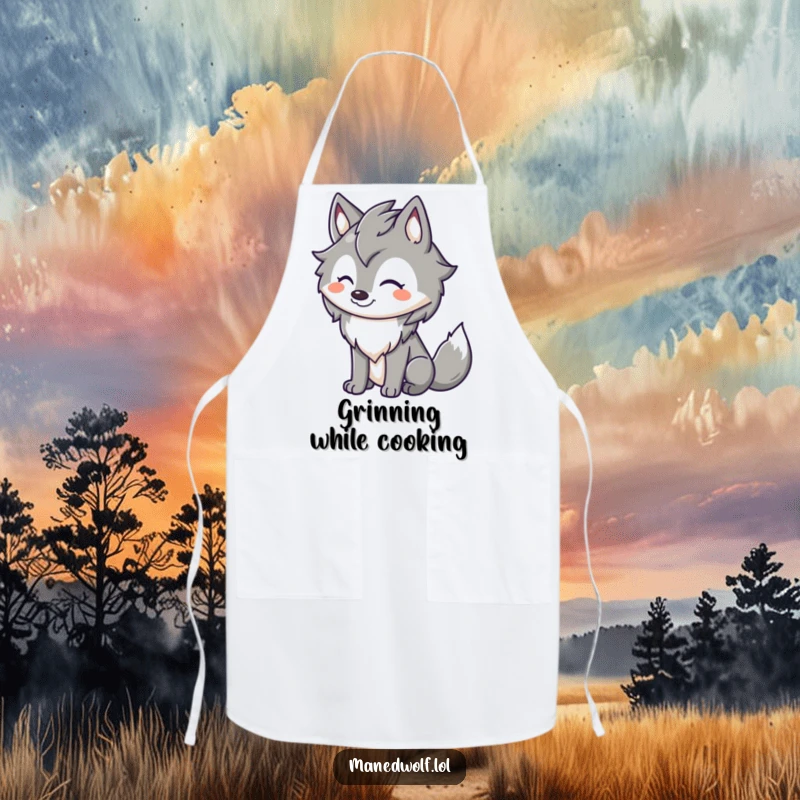Funny maned wolf apron with a cute character sporting a big happy grin and a wagging tail, ready for kitchen fun.