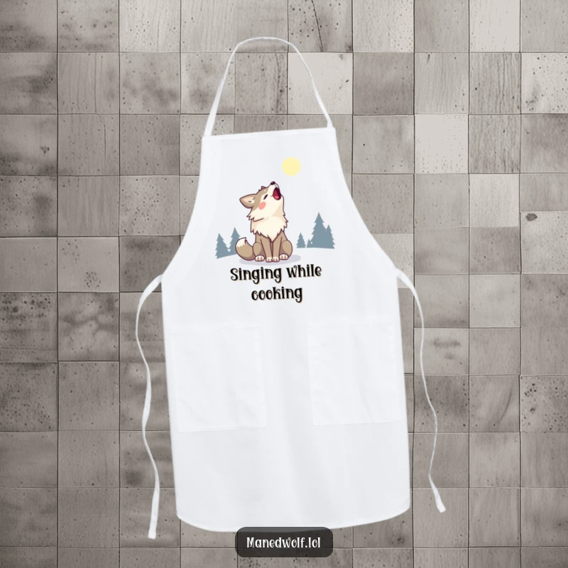 Kawaii Maned Wolf Apron showing a cute maned wolf happily howling at the moon while cooking, adding cheer.