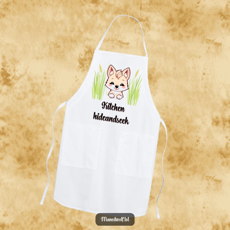 Funny kawaii maned wolf apron with a smiling wolf peeking from behind tall grass.