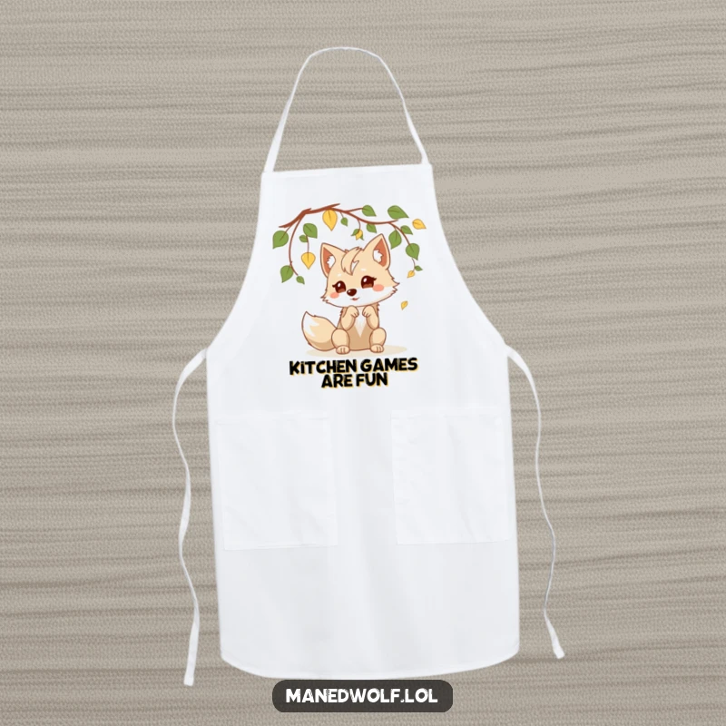 Funny kawaii maned wolf apron showing a cute wolf playfully batting at leaves, perfect for adding humor to cooking and baking.