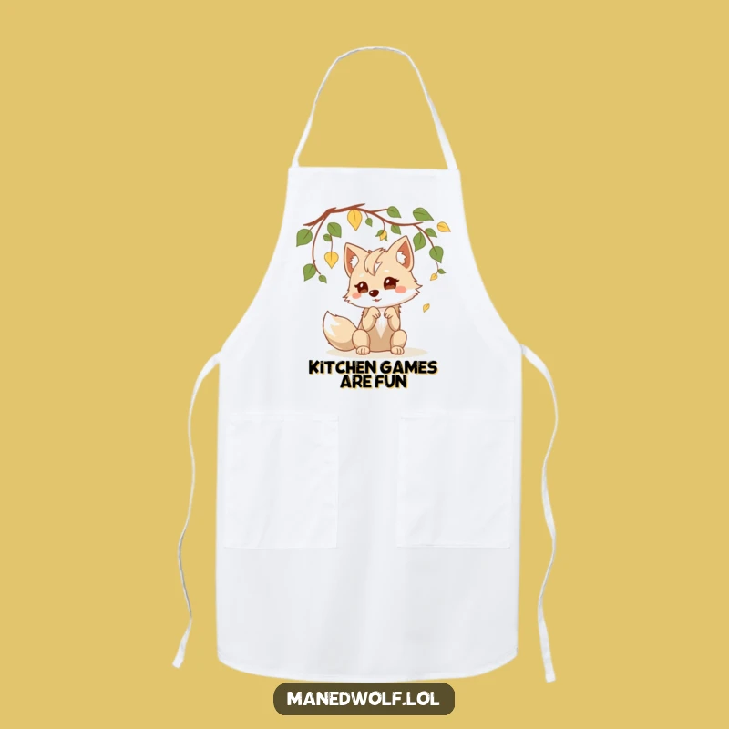 Funny Kawaii Maned Wolf Apron: Cook with Playful Leaf Batting Charm
