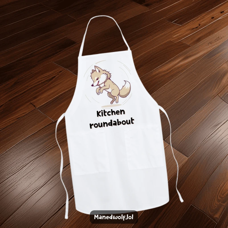 Funny Maned wolf chasing its tail in a dizzy circle on a kitchen apron, adding humorous playfulness to cooking.
