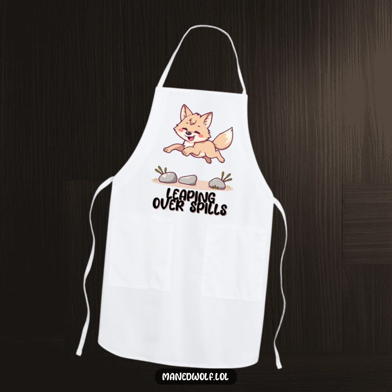 Funny maned wolf leaping over an obstacle while cooking, fun kitchen apron, energetic funny gift.