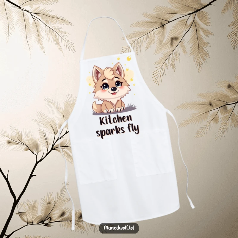 Funny apron featuring a maned wolf with wide, joyful eyes watching fireflies dance in the twilight.