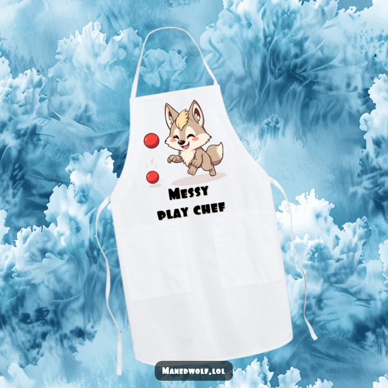 Funny apron with a cute maned wolf, smiling wide, playfully chasing a bouncing red ball.