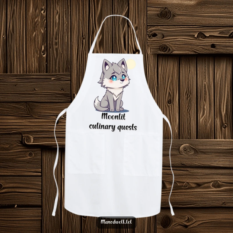 Funny maned wolf apron with sparkling eyes looking at the moon, great for kitchen magic.