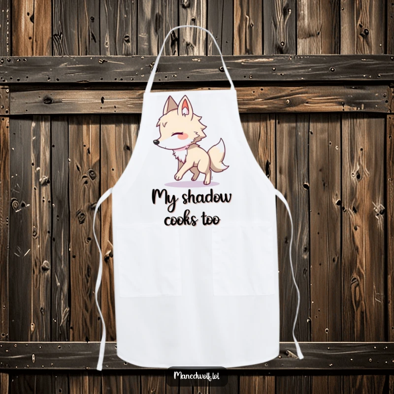 Funny maned wolf apron, a creature playfully chases its shadow, perfect for kitchen fun and hilarious gifts.