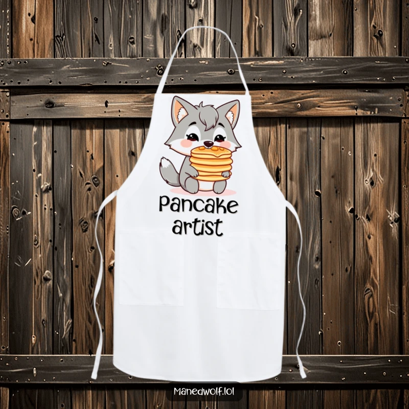 Funny apron with a kawaii maned wolf balancing a stack of pancakes on its nose, ideal for breakfast chefs.