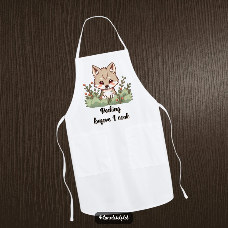 Funny Kawaii Maned Wolf Apron depicting a cute wolf peeking from behind bushes, perfect for adding playful charm to cooking.