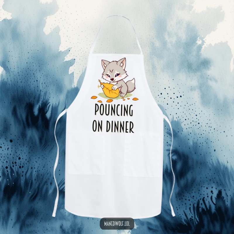Funny kawaii maned wolf apron showing a cute creature playfully pouncing on a leaf, perfect for kitchen wear that adds humor and fun.