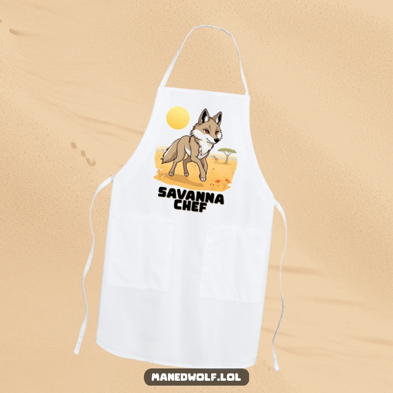Funny maned wolf apron illustrating a graceful wolf with long legs trotting through a sunlit savanna.