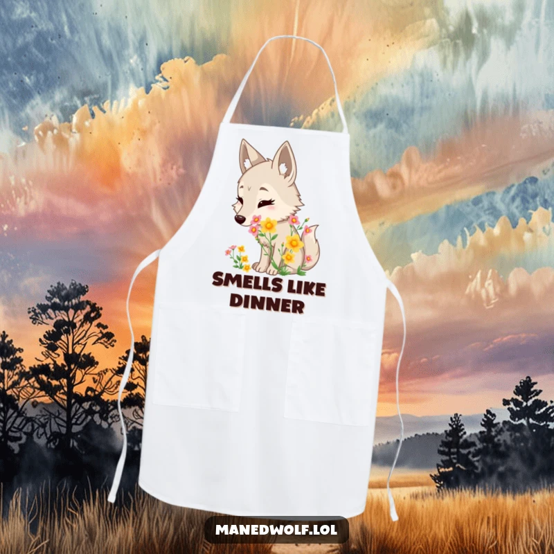 Funny maned wolf apron depicting a character delightedly sniffing a fragrant wildflower bouquet, perfect for kitchen endeavors.
