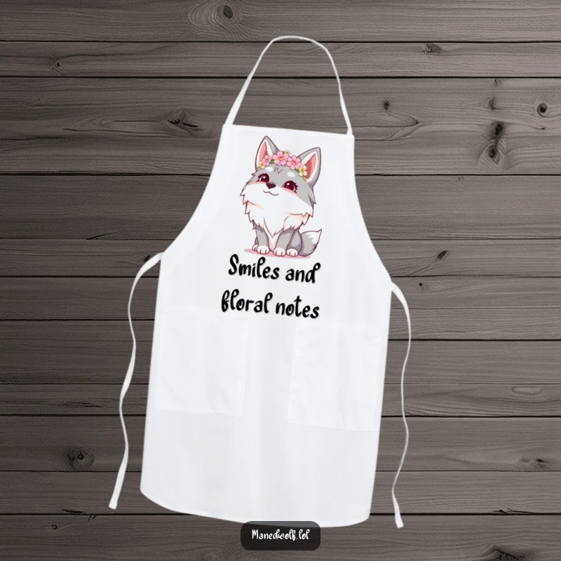 Funny apron with a giggling maned wolf wearing a charming flower crown, its eyes looking up in amusement.