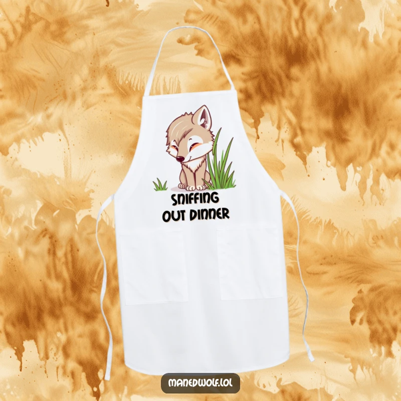 Funny Kawaii Maned Wolf Apron depicting a cute wolf curiously sniffing grass, perfect for adding a touch of nature to cooking.