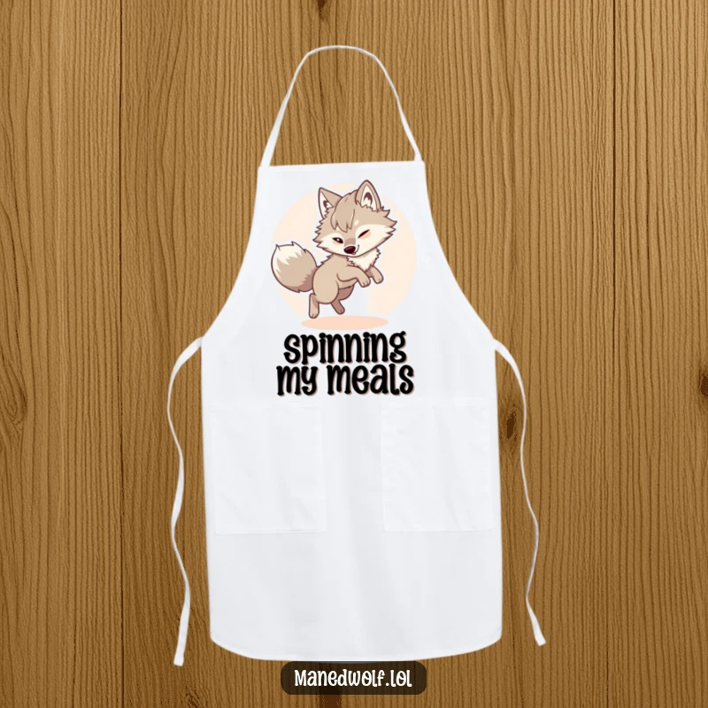 Funny maned wolf apron, depicting a fluffy wolf playfully chasing its tail, adding humor to kitchen activities.