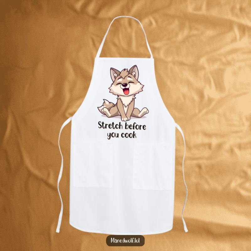 Funny Maned Wolf Yawning Apron: A chef's apron featuring a maned wolf character stretching its long legs with a large, happy yawn, perfect for cooking.