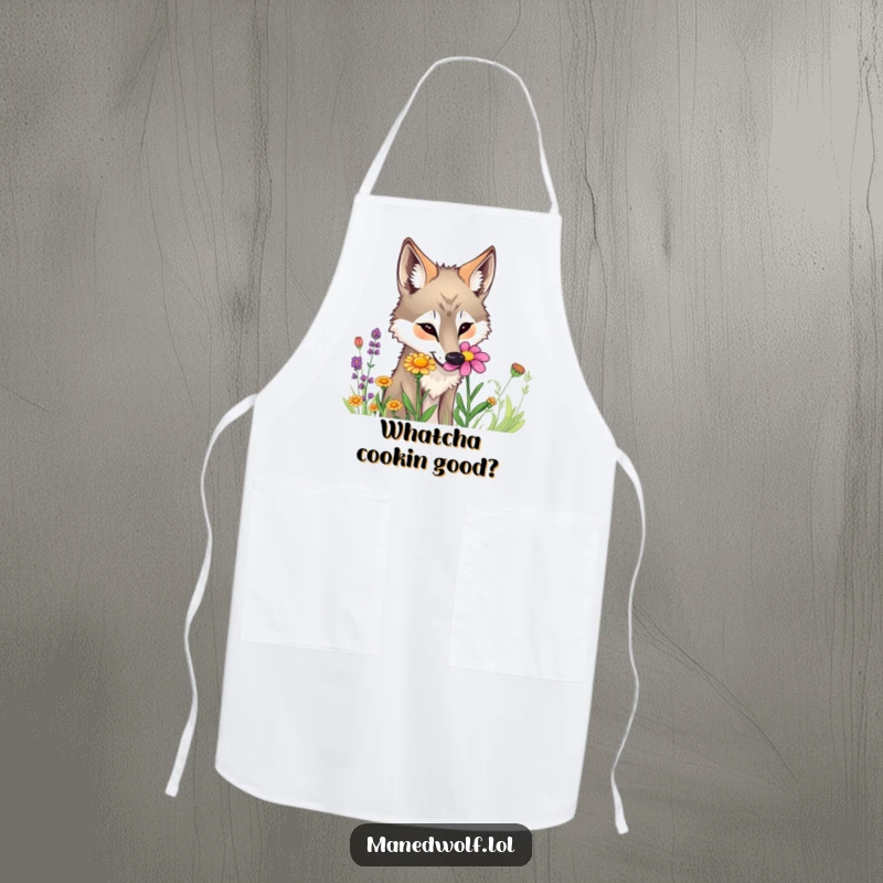 Funny maned wolf apron depicting a curious wolf sniffing a colorful wildflower.