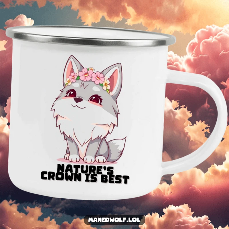 Funny camping mug with a giggling maned wolf wearing a small flower crown, looking up at the starry sky.