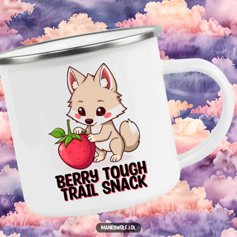 Funny Kawaii Maned Wolf Camping Mug showing a cute wolf attempting to balance a large berry, perfect for outdoor fun and laughs.