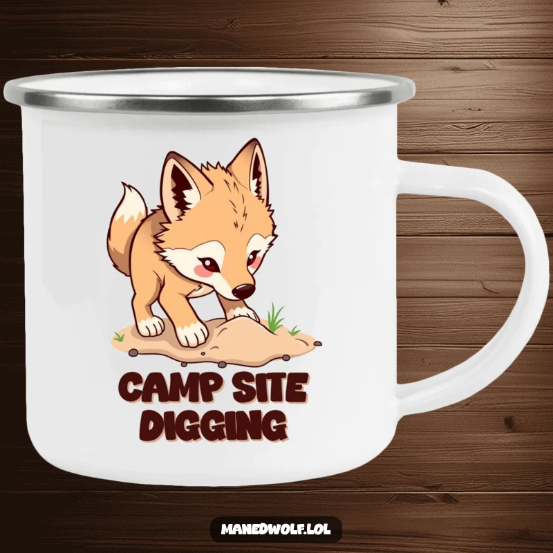 Funny maned wolf camping mug illustrating a wolf's joyful digging spree, designed for outdoor enthusiasts who love energy and fun.