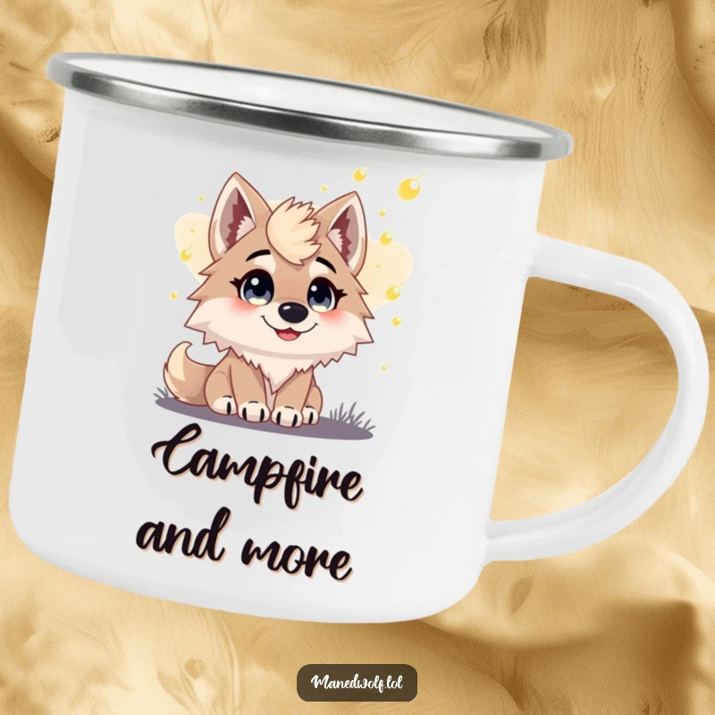 Funny camping mug featuring a maned wolf with wide, happy eyes watching fireflies glow against the dusk sky.